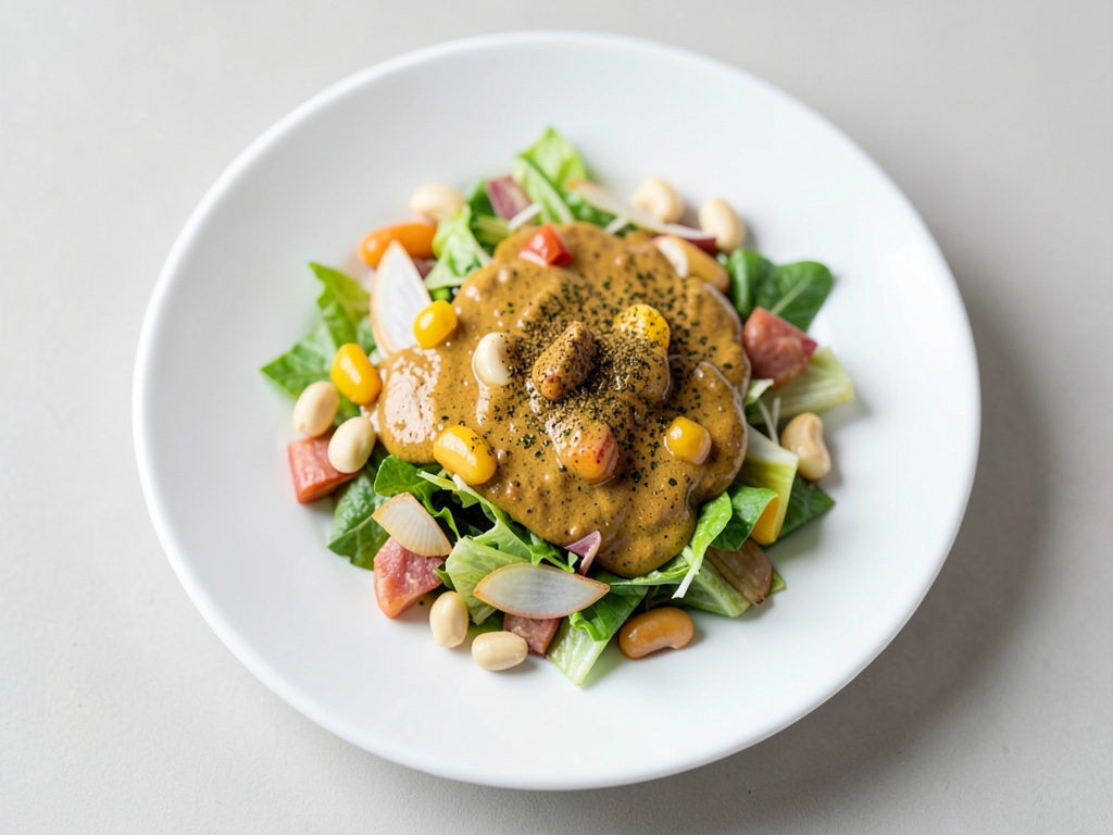 Salade en couches colorée avec yaourt au curry et oignons épicés