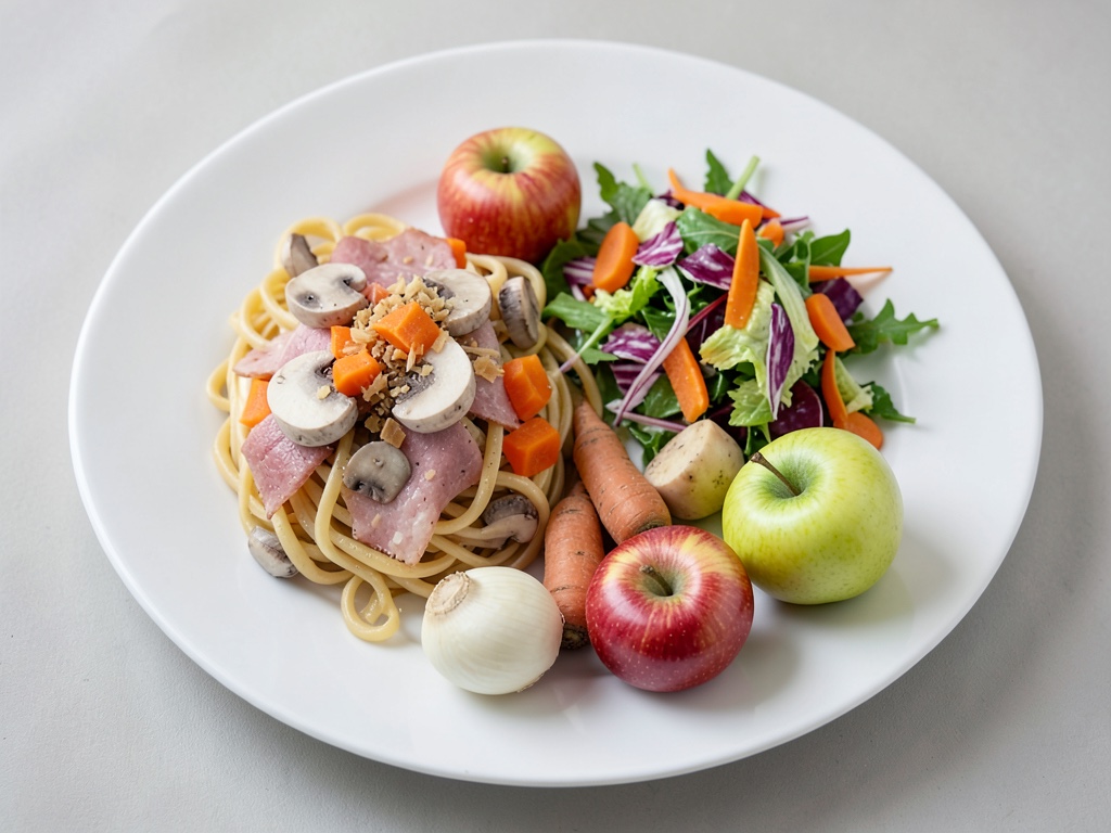 Pasta con prosciutto, funghi e insalata croccante di mela e carote