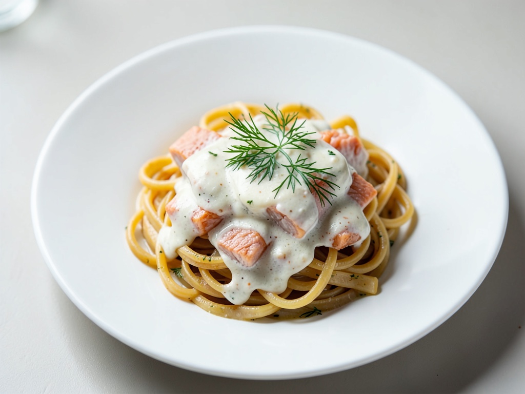 Schnelle Lachs-Pasta mit Sahnesoße und Dill