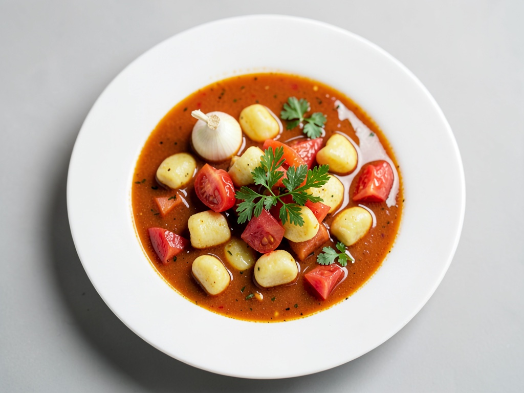 Sopa rápida de tomate con ñoquis y hierbas frescas