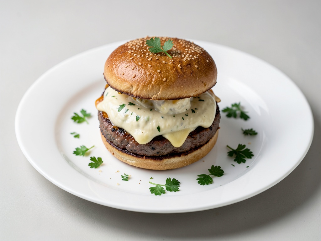 Schneller Laugen-Burger mit Knoblauch-Senf-Dip und Käse