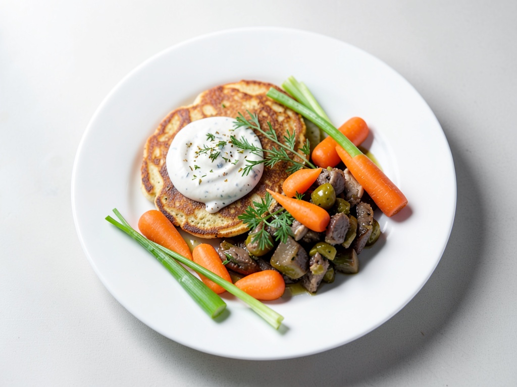 Schnittlauch-Pfannkuchen mit Ofengemüse und Joghurt-Dip
