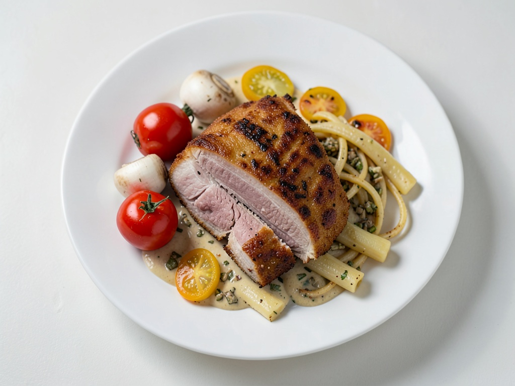 Schnitzel in salsa di peperoni e funghi con patate fritte