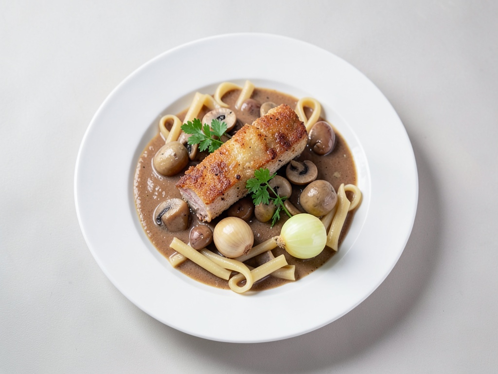 Schnitzel con funghi e spätzle in salsa panna