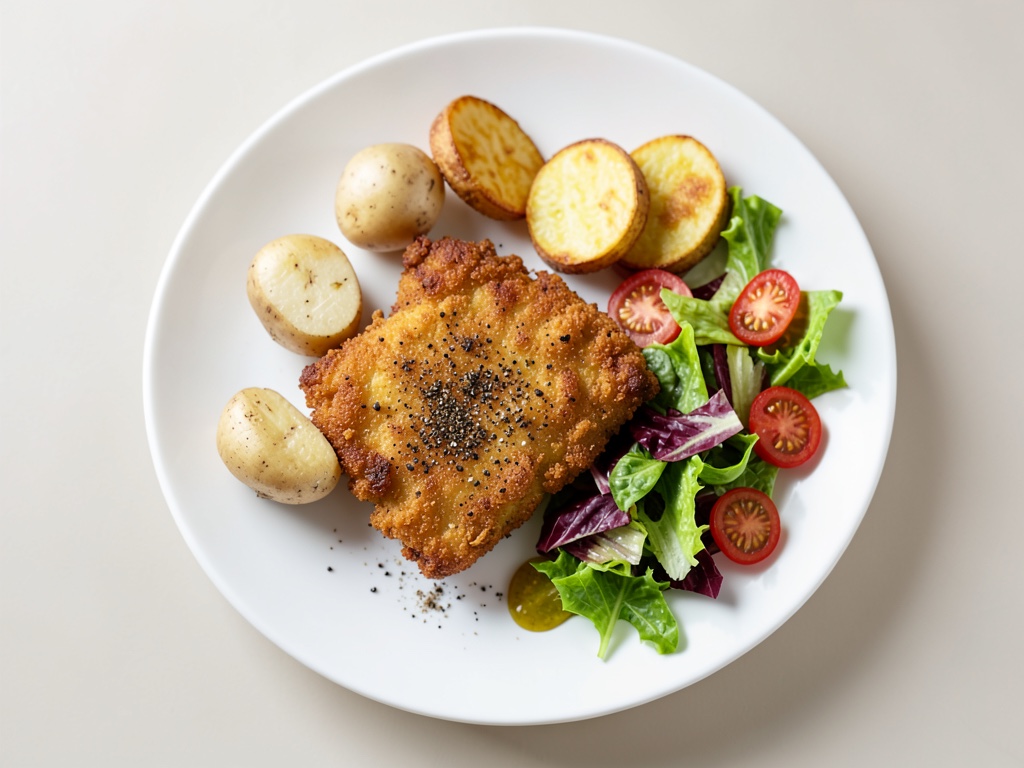 Cotolette croccanti con patate al forno e insalata di cetrioli