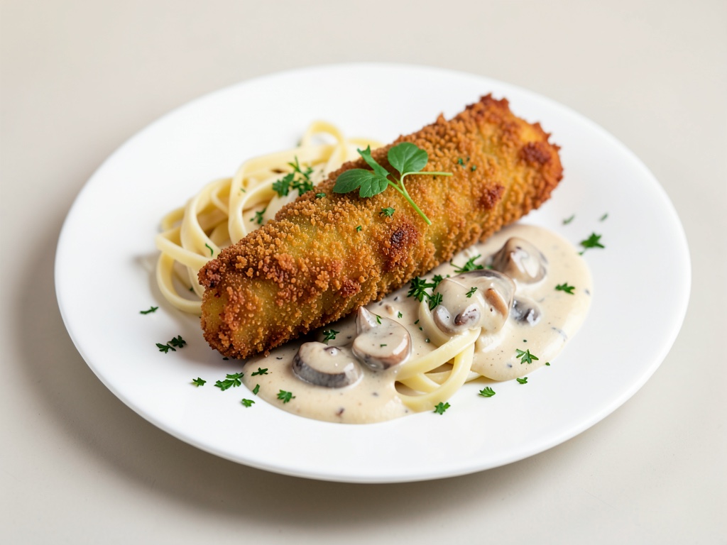 Cotolettes croustillantes avec spätzles maison et sauce crémeuse aux champignons