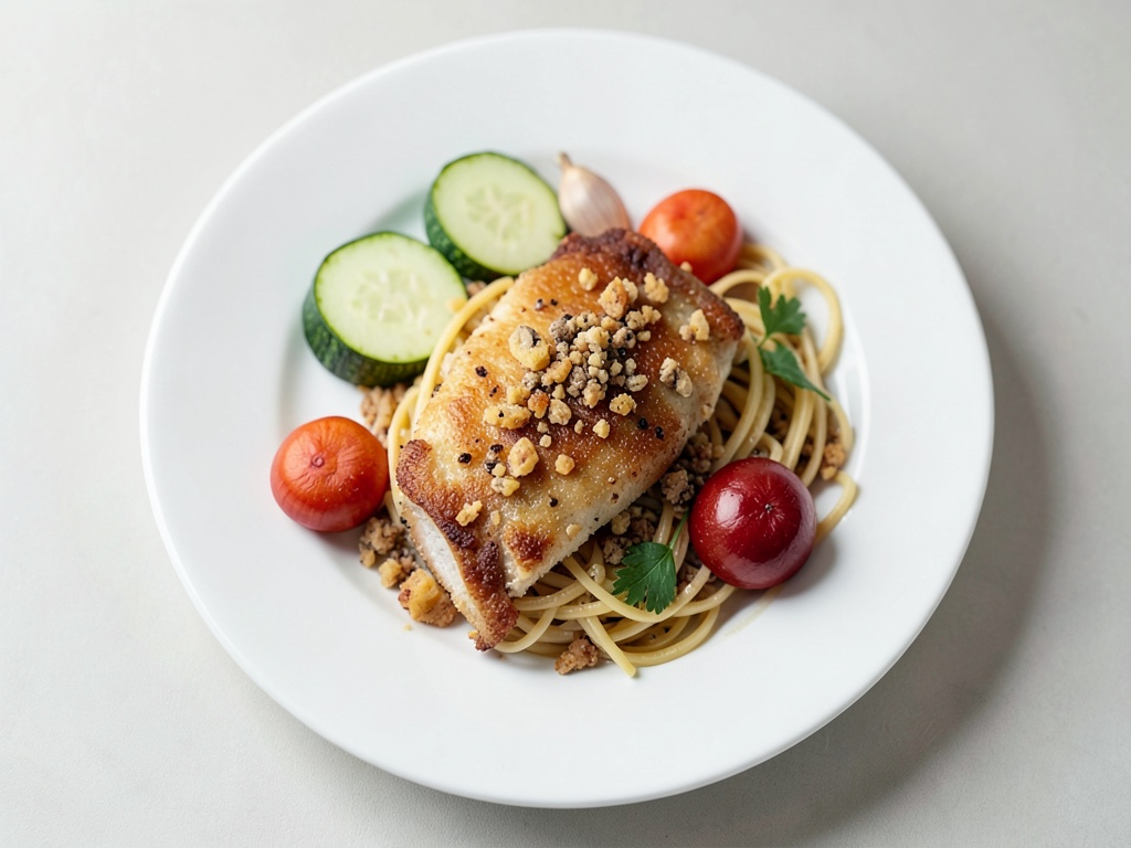 Knusprige Schnitzel mit Speck-Zwiebel-Topping und Nudeln