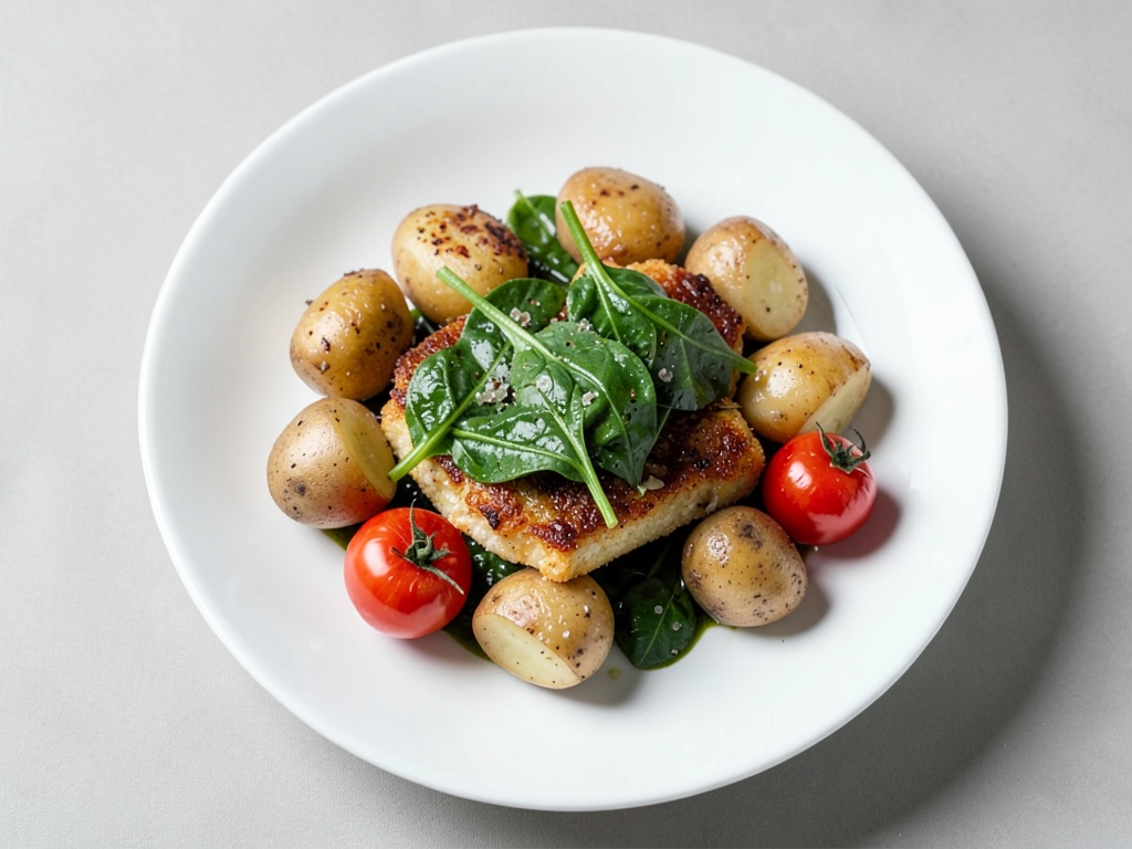 Schnitzel croccanti con patate al forno e spinaci cremosi