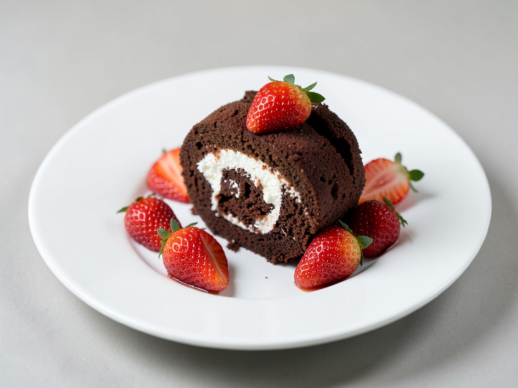 Schoko-Biskuitrolle mit frischen Erdbeeren