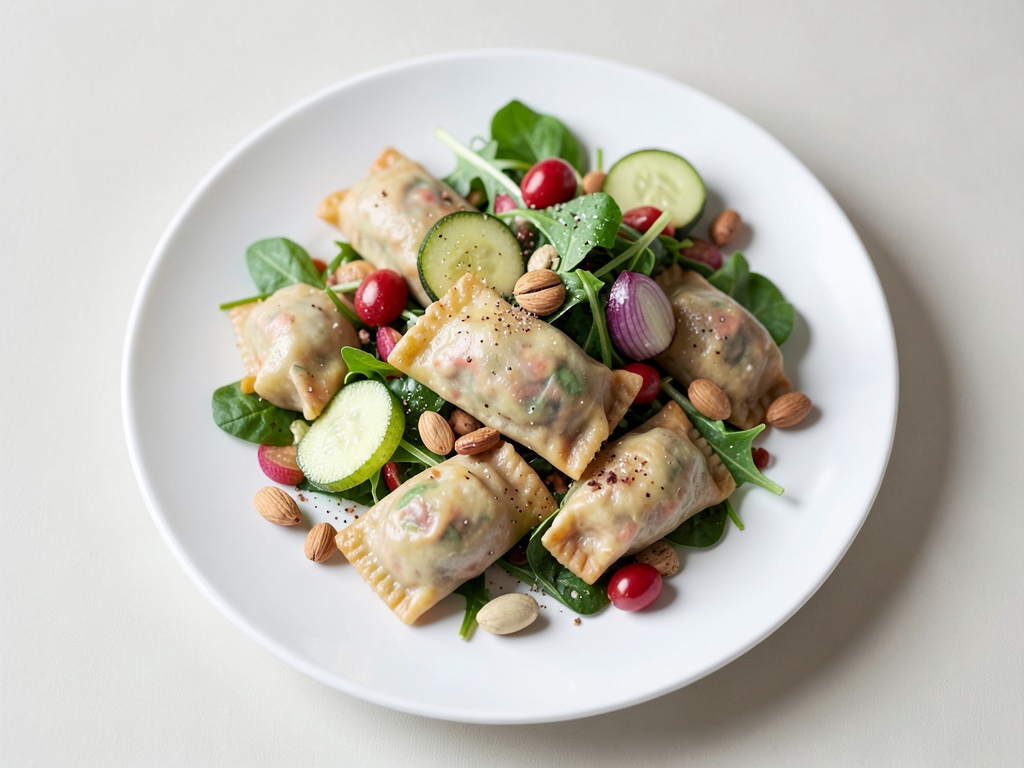 Maultaschen sveve con cavolo rapa e insalata di cetrioli e valeriana