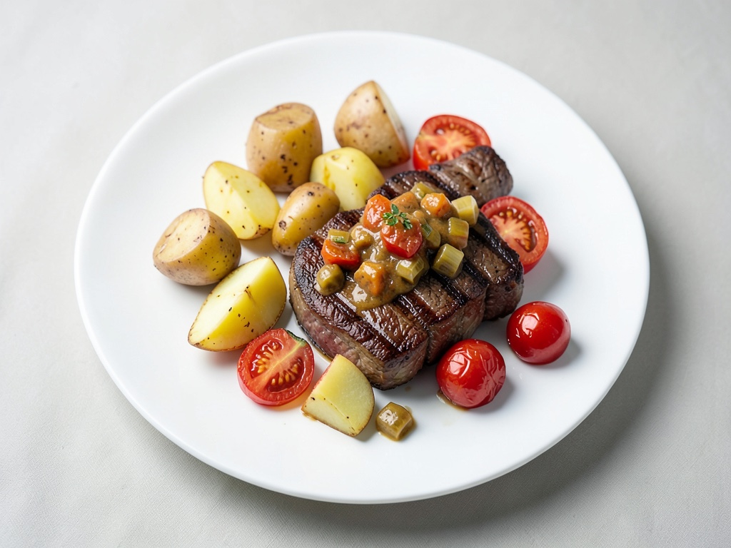 Patate croccanti al forno con bistecca di maiale speziata, cipolle al curry con mela e pomodoro alla griglia