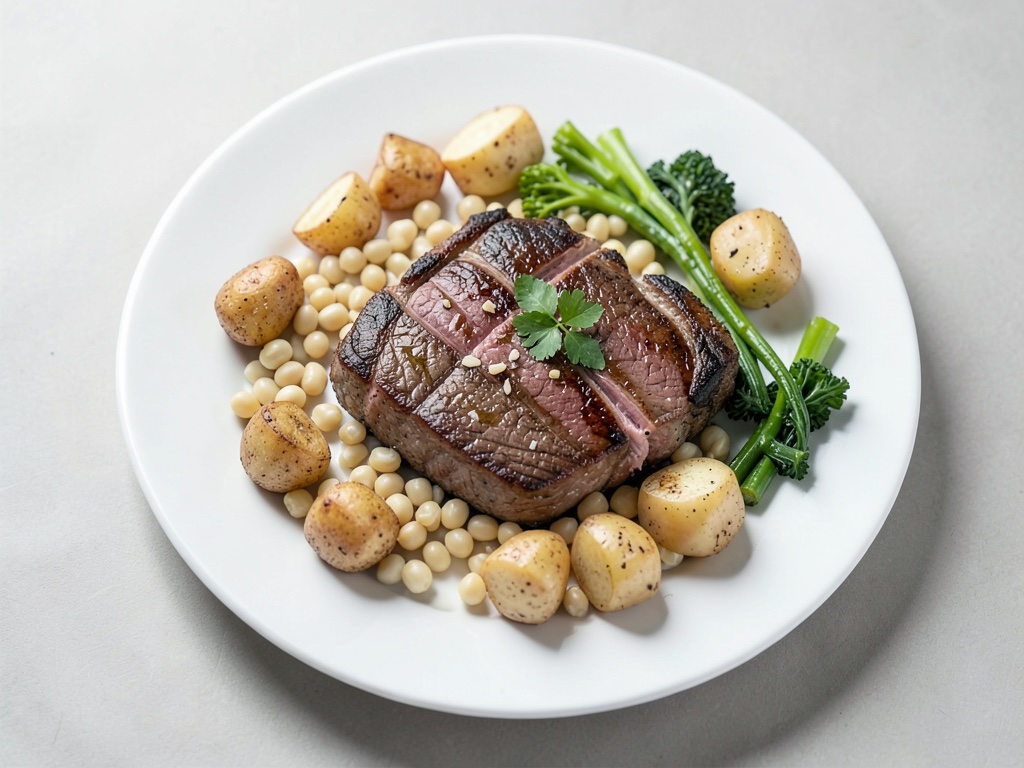 Knusprige Minikartoffeln mit Schweine-Steak, Porree und weißen Bohnen