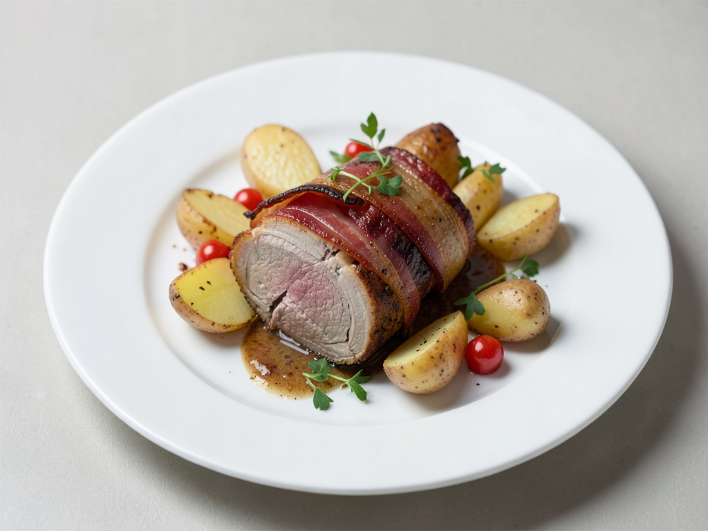 Filetto di maiale croccante avvolto nel bacon con patate al forno