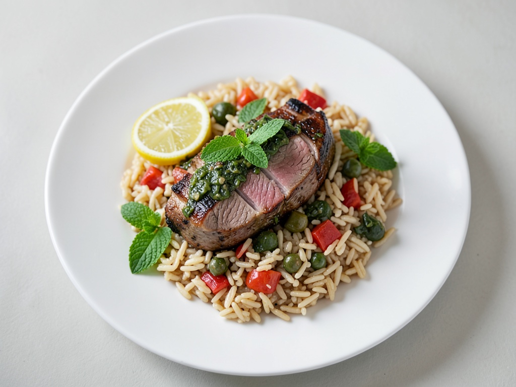 Filetto di maiale al forno con dip al menta e risotto ai piselli