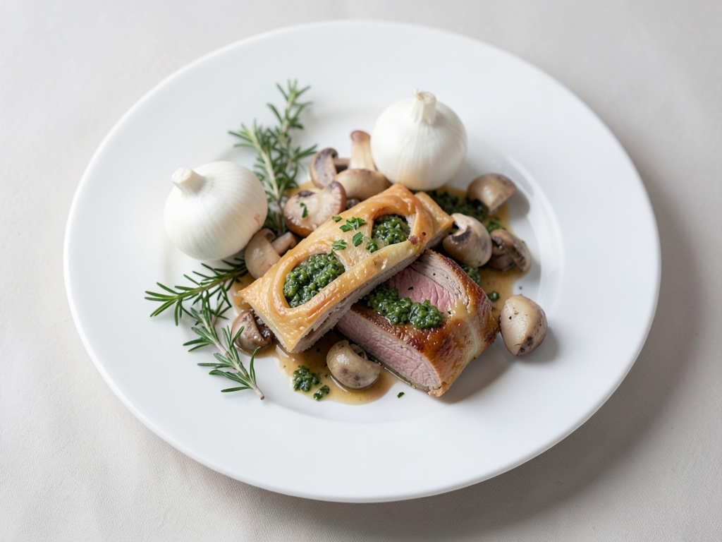 Filetto di maiale in pasta sfoglia con funghi e spinaci alla panna