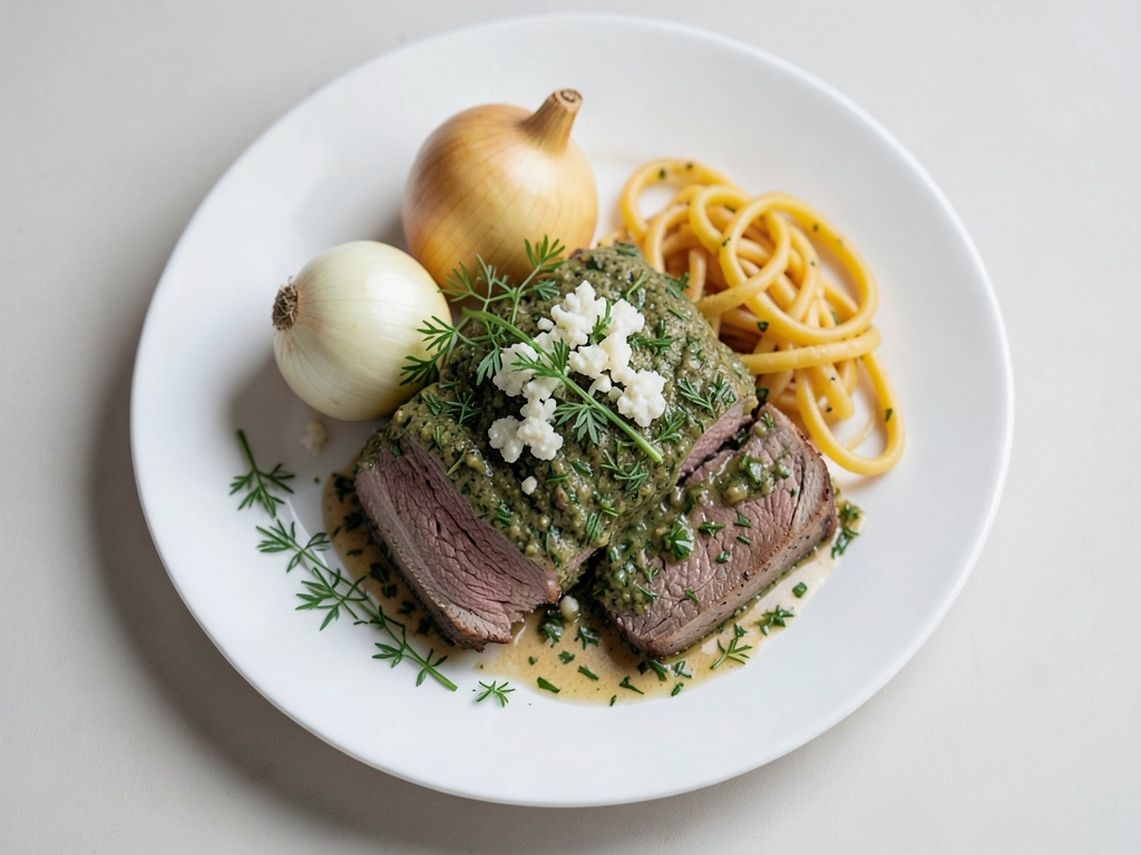 Filet de porc en croûte d'herbes et moutarde avec choucroute à la crème et quenelles de pommes de terre