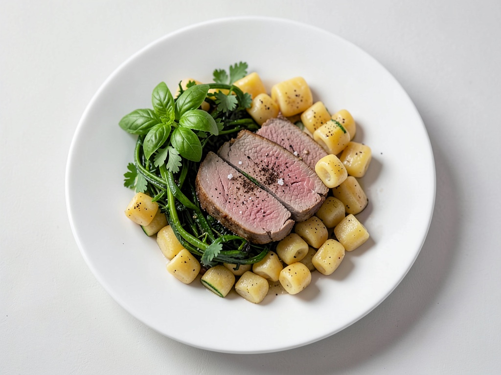 Filetto di maiale con crosta di erbe e padella di gnocchi e zucchine