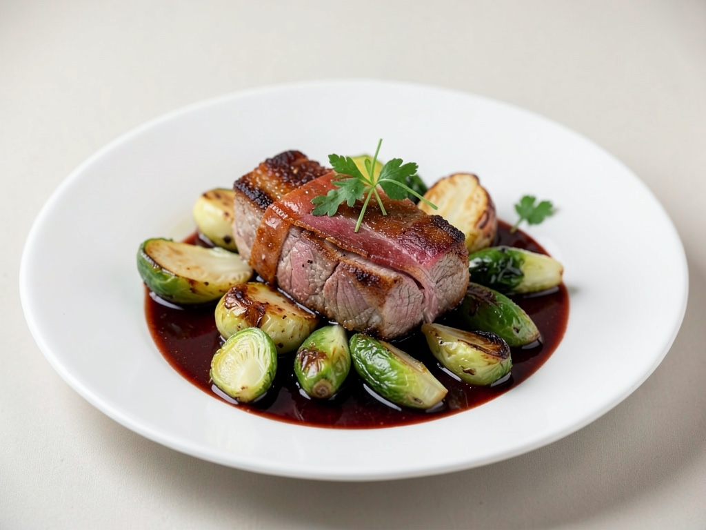 Filetto di maiale croccante avvolto nel bacon con cime di Bruxelles arrosto e jus al Porto
