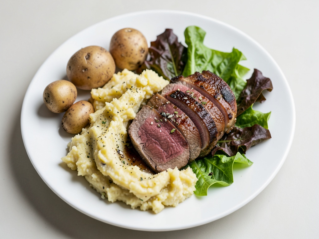 Filetto di maiale avvolto nel bacon con purè di patate e cipolle e insalata di campo