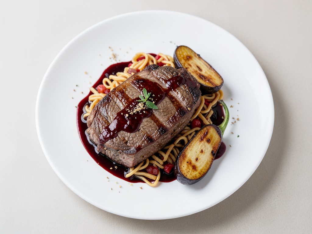 Filetto di maiale in marinatura al balsamico con risoni e melanzane al forno