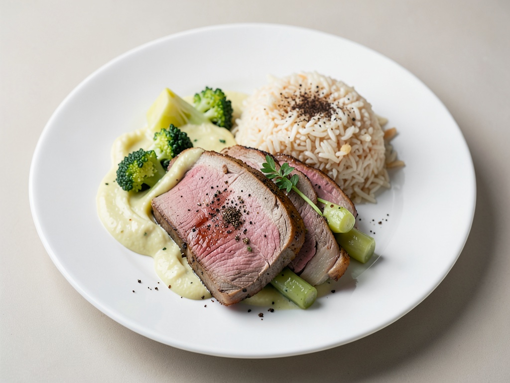 Filetto di maiale con verdure di asparagi cremose e riso