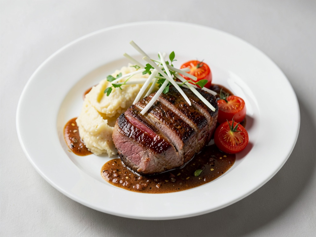 Saftiges Schweinefilet mit cremigem Püree, Ofentomaten und Frühlingszwiebeln