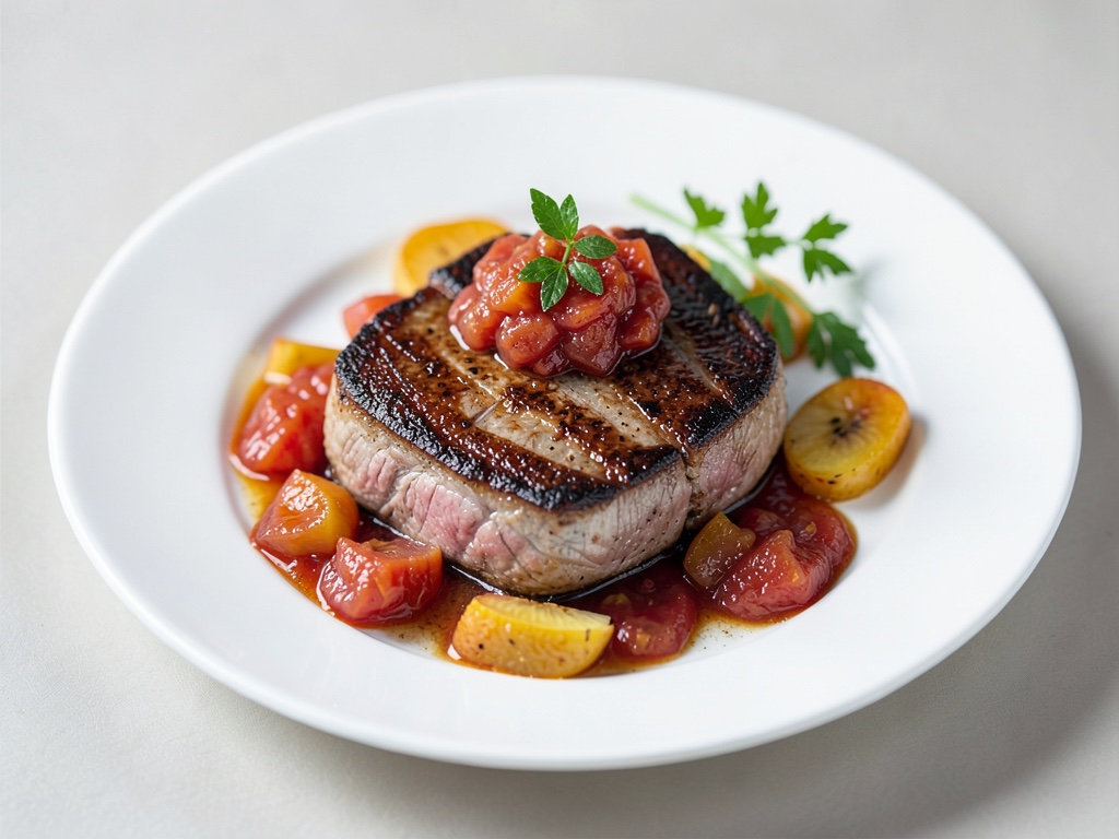 Filetto di maiale alla griglia con salsa fruttata di nettarine e pomodori