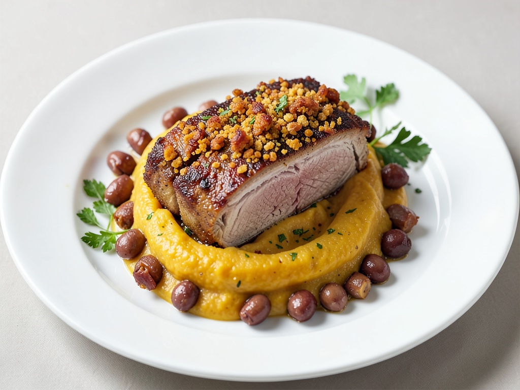 Filetto di maiale croccante con crosta di noci, purè di zucca cremoso e fagiolini con pancetta