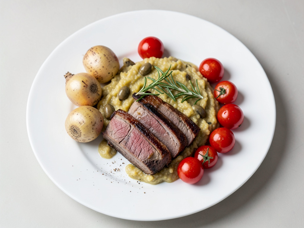 Tenero filetto di maiale con purè di patate cremoso all'oliva e pomodori