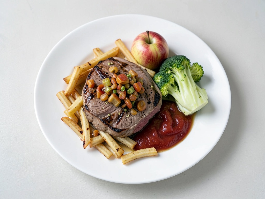 Tenderloin di maiale tenero con cipolle croccanti, gnocchetti di patate e mele agrodolci