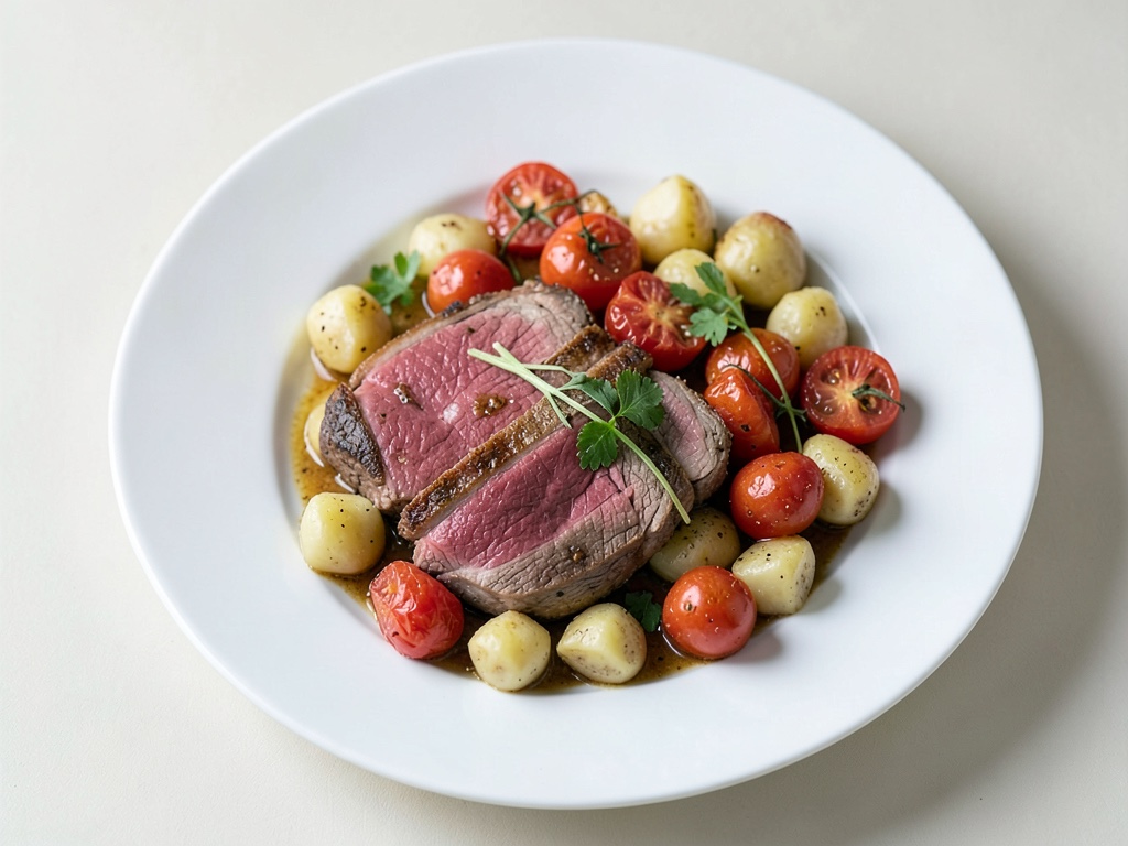Tenero filetto di maiale con gnocchi di patate fatti in casa e pomodori al forno