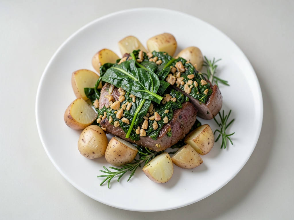 Filetto di maiale succoso con crosta croccante di spinaci e cipolle e patate al forno