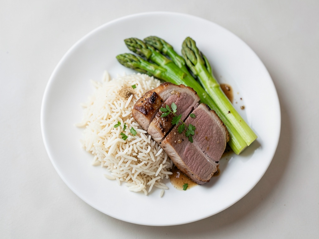 Filetto di maiale al wok con asparagi verdi e riso