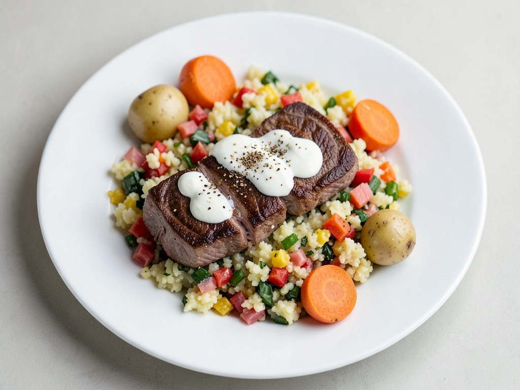 Tendres morceaux de filet de porc sur une crème de pommes de terre colorée avec crème fraîche aux herbes