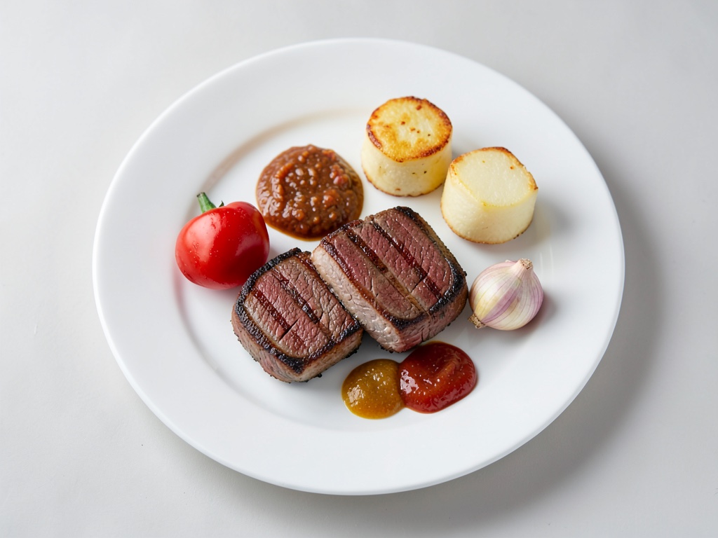Fette Schweinefilet-pezzi mit knusprigen Kartoffelpuffer, Apfel-Chutney und süßem Senf