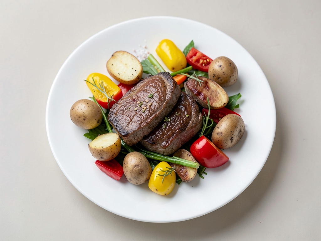 Knusprige Kartoffelklötze mit Schweinefilet und Sommergemüse