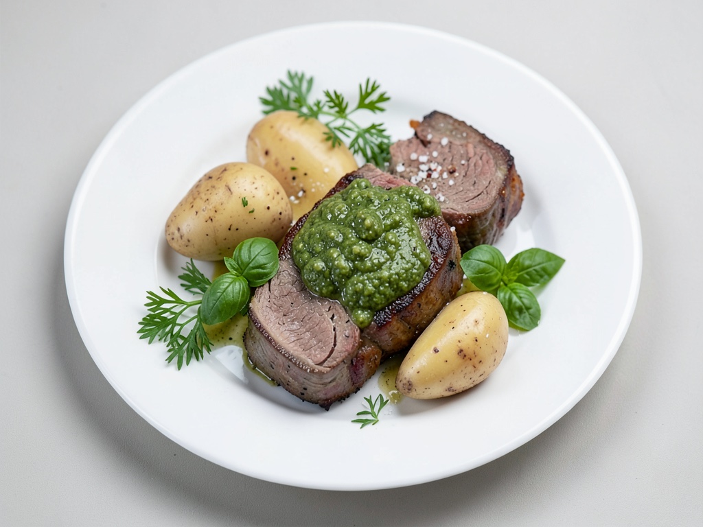 Geschmorte Schweinefiletrolle mit frischer Kräutersoße