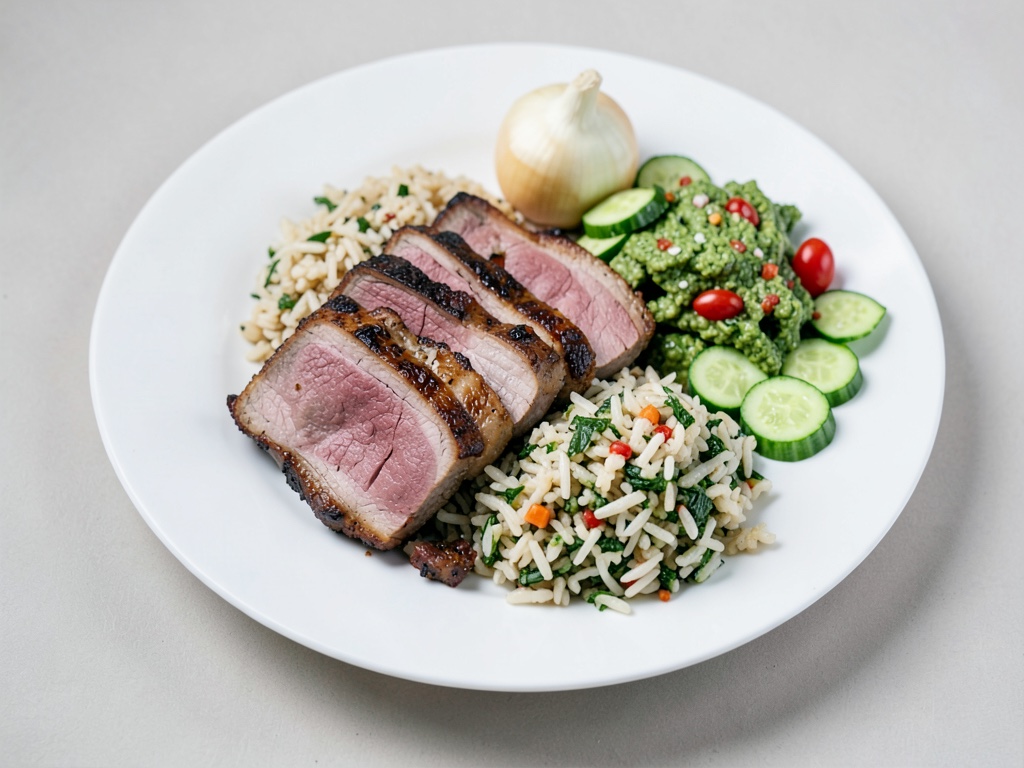 Strisce croccanti di filetto di maiale con riso agli spinaci, tzatziki e insalata di cetrioli e menta