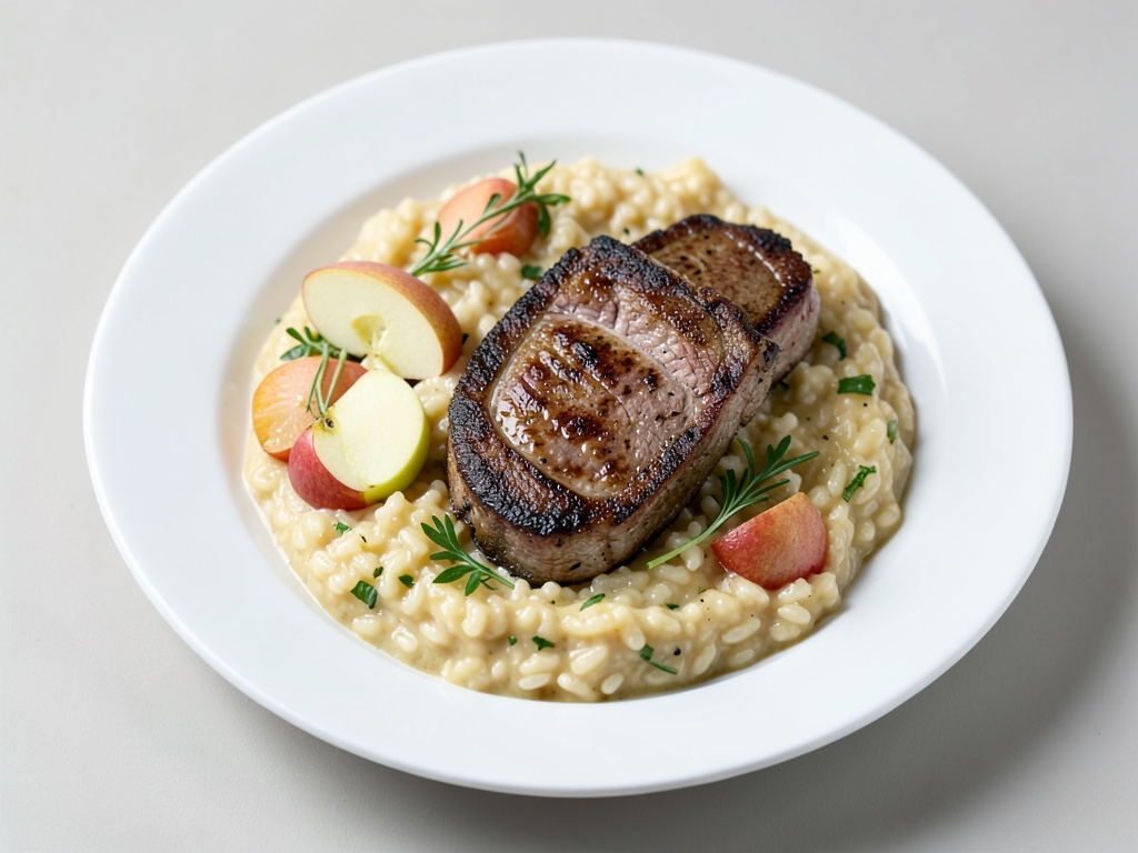 Morceaux croustillants de filet de porc en bacon sur risotto crémeux aux pommes et poireaux