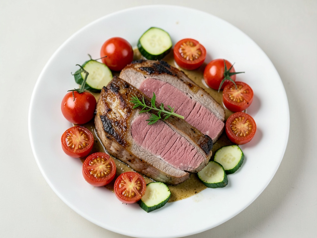 Involtini di pancetta con filetto di maiale, pomodori al forno e zucchine