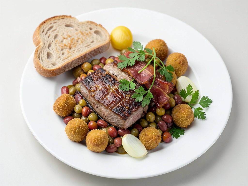 Medaglioni croccanti di filetto di maiale con topping di pancetta, fagioli e crocchette