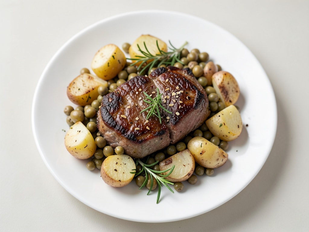 Pezzetti di filetto di maiale croccanti con patate al forno, fagioli e crosta al rosmarino