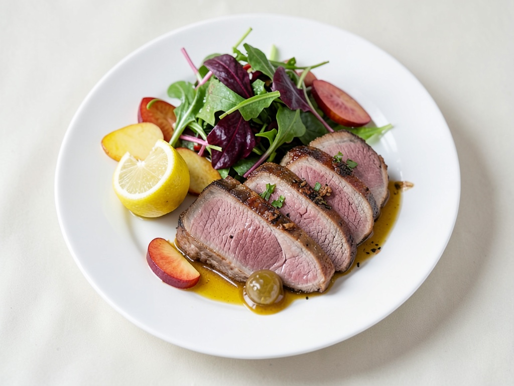 Filetto di maiale con pesca e insalata di rucola e barbabietola