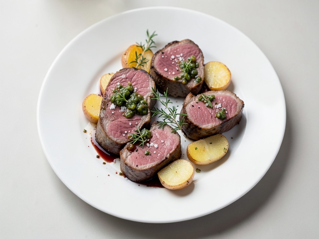 Fett Schweinefilet-pezzi mit cremigem Sellerie und Rotwein-Zwiebeln