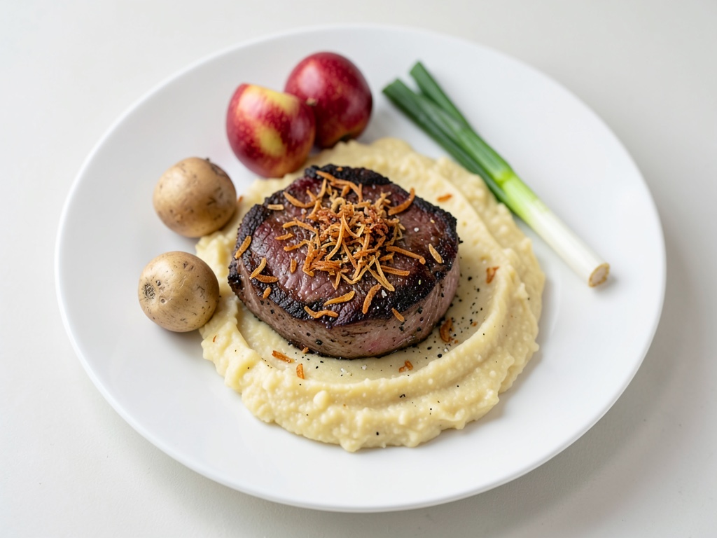 Croustillants steaks de cou de porc aux oignons rôtis et purée crémeuse pomme-pomme de terre