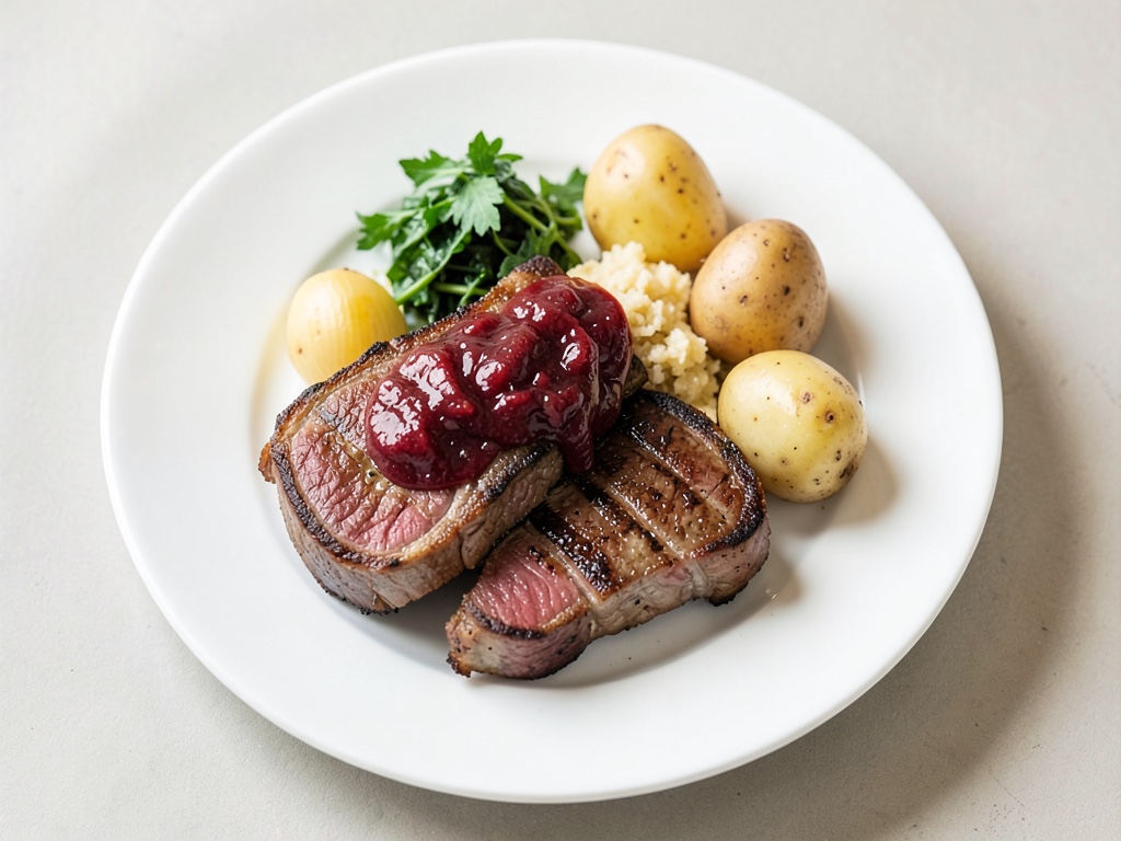 Suculenti bistec di filetto di maiale con salsa di uva fruttata, crauti cremosi e purè di patate
