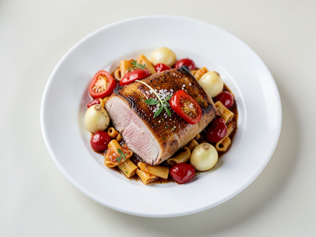 Teneri stecchi di maiale in cremosa salsa al pepe e panna con spätzle al peperone