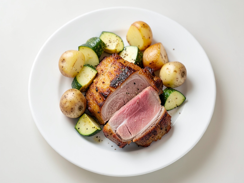 Cotolette di maiale croccanti con patate al doppio forno e zucchine al sesamo