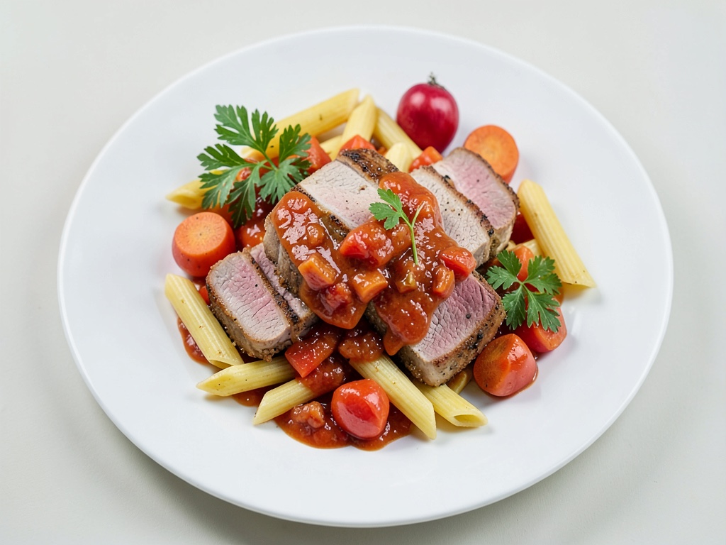 Cotolette di maiale speziate con salsa di carote e pomodori e penne