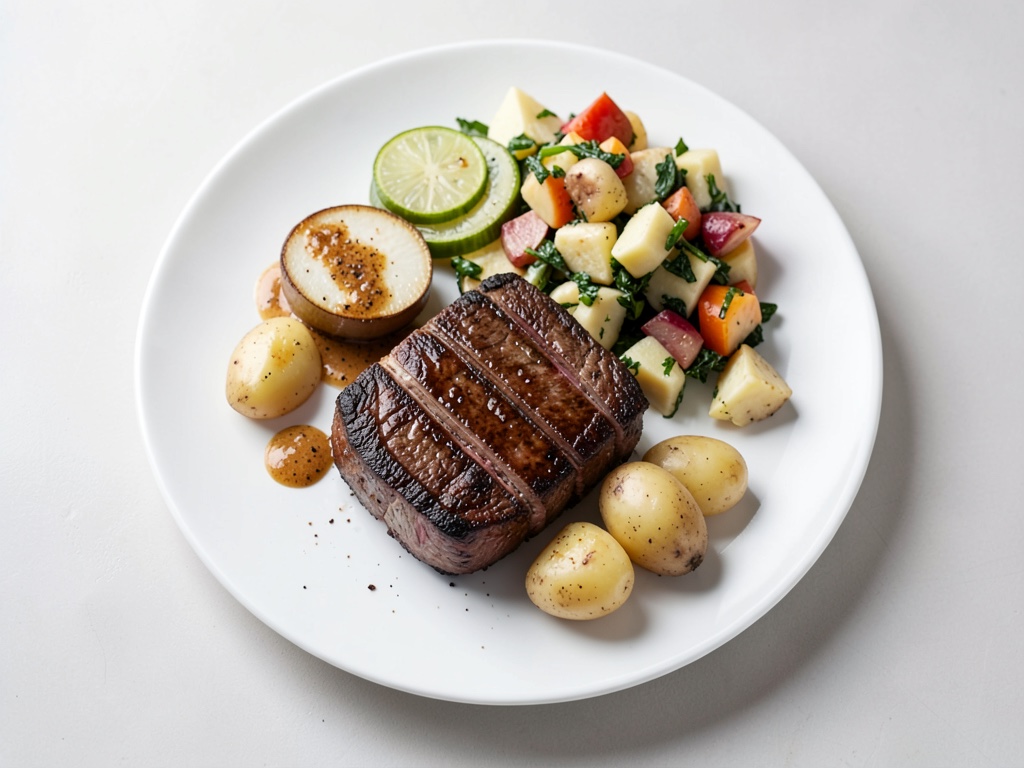 Bistecche di maiale alla griglia con insalata di patate croccante ai cetriolini